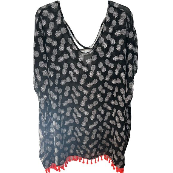 NO BO SWIMWEAR COVER-UP, JUNIORS/WOMENS, 1X( 17)-BLACK/WHITE PINEAPPLE PATTERN - Picture 3 of 11
